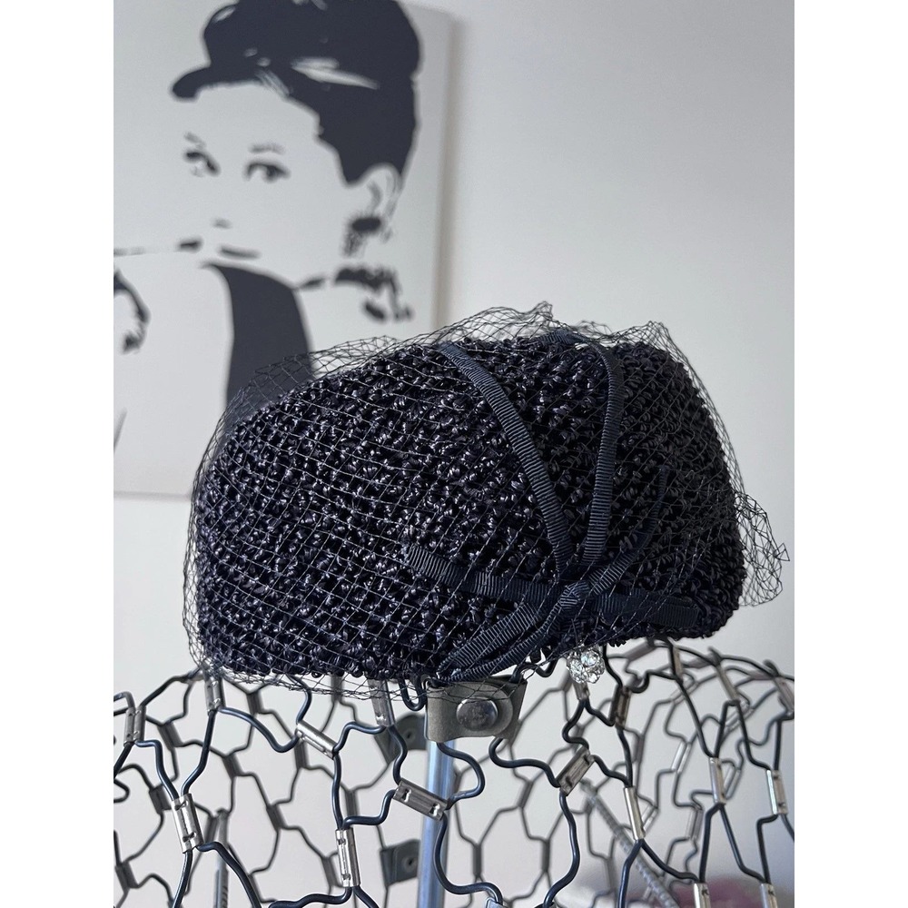 Vintage Black Pillbox Hat Woven Straw Mesh Netting Union Made Bow Detail